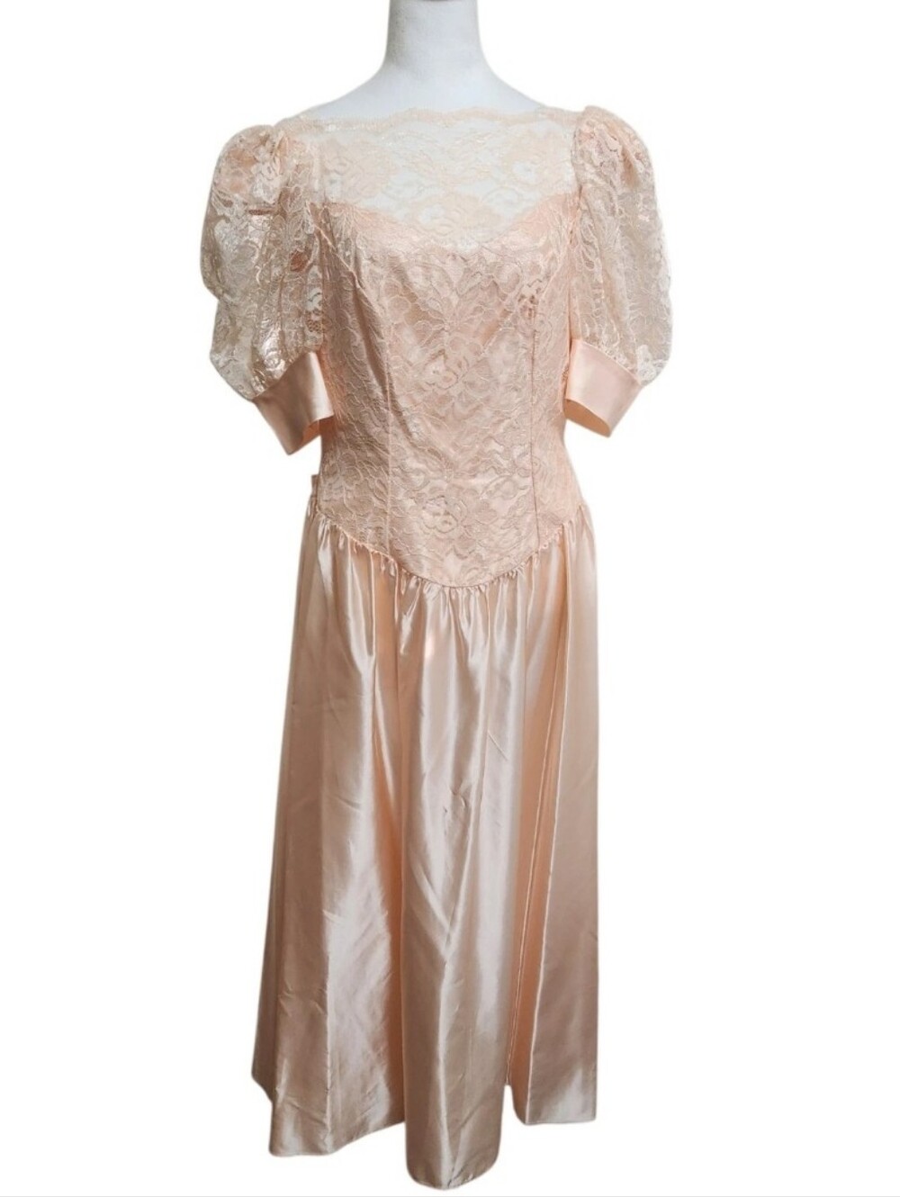 ILGWU Formal Dress 14 (10) Lace Sateen 80s Union Made Peach Vtg Southern Belle